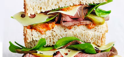 Roast beef sandwiches with pecan romesco sauce