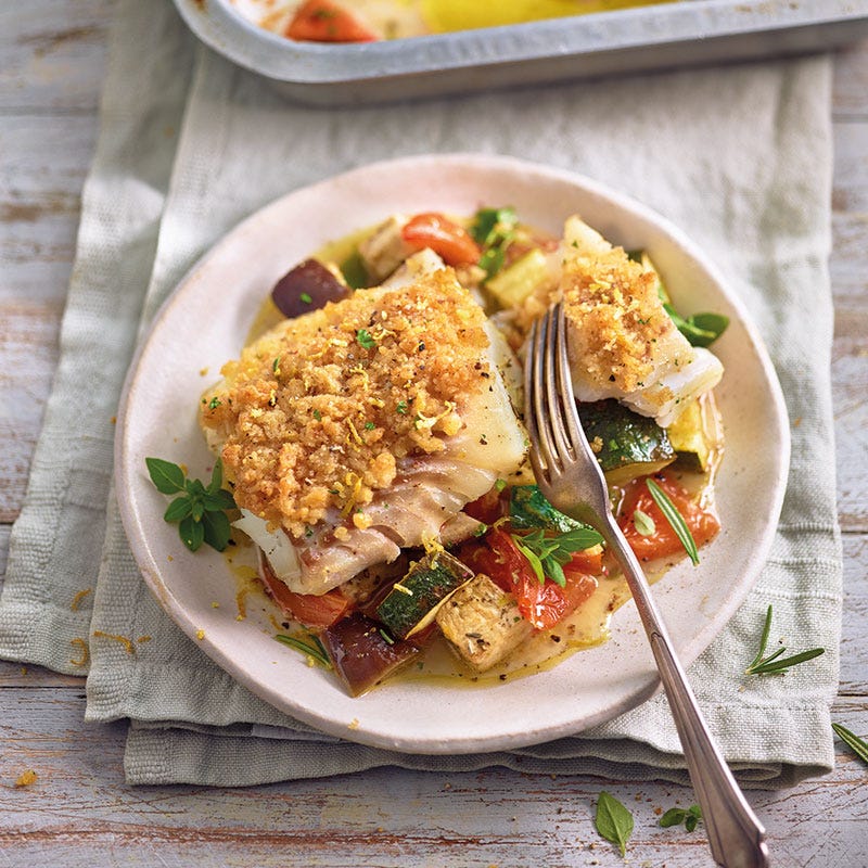 Kabeljau mit Parmesankruste und Ofengemüse
