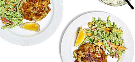 Lump crab cakes with mango-broccoli slaw and spicy tartar sauce