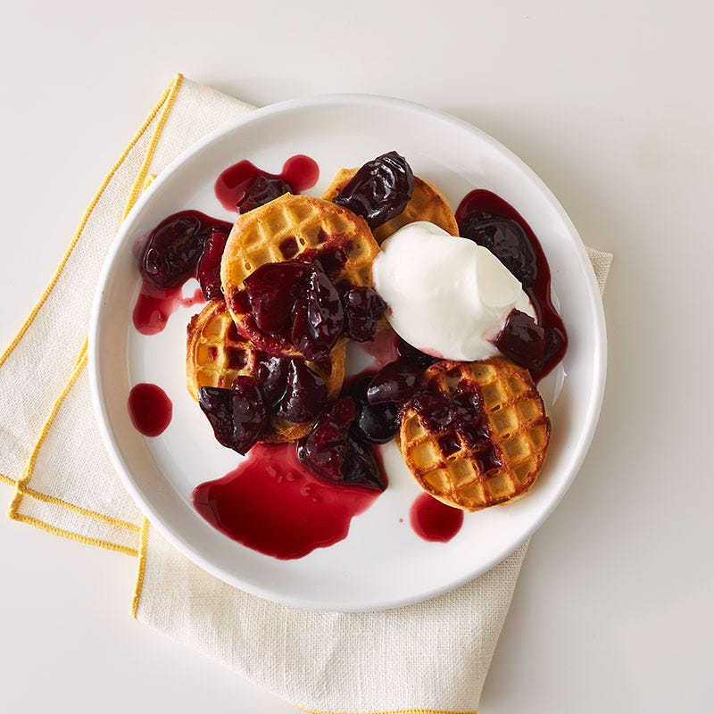 Waffle short stack with cherry-almond sauce