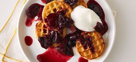 Waffle short stack with cherry-almond sauce