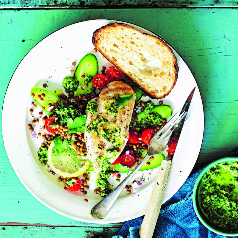 Photo of Pan-fried chicken with green olive dressing & lentil salad by WW