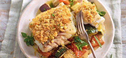 Kabeljau mit Parmesankruste und Ofengemüse