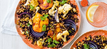 Baked harissa halloumi with lentil & cauliflower salad