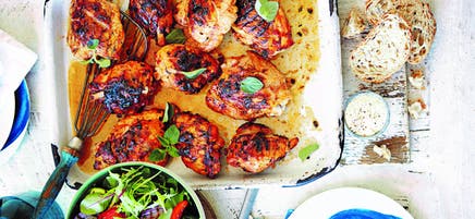 Barbecued oregano & chilli chicken with feta cream & salad