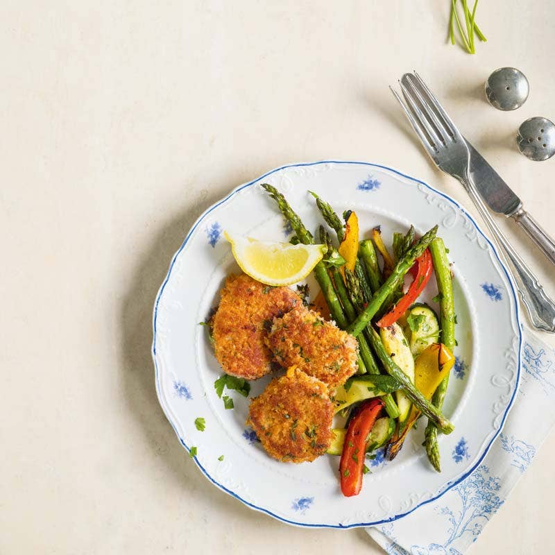 Timjan- och citronpanerad fläskfilé med frästa grönsaker
