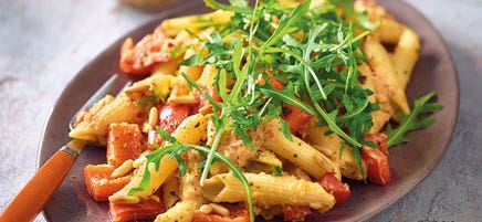 Penne mit Linsenpesto und Rucola