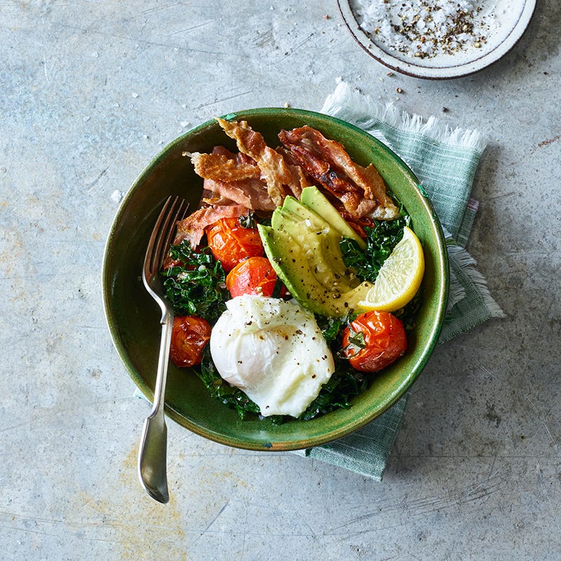 Egg-and-prosciutto breakfast bowls with tender greens