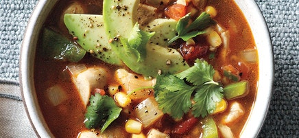 Chicken and vegetable soup with avocado