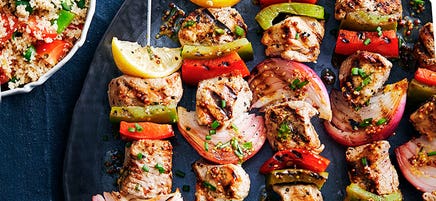 Pork skewers with honey mustard dressing