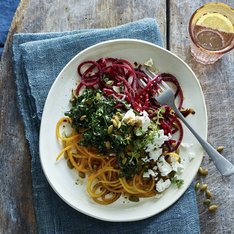 Beet and butternut “noodles” with kale and feta