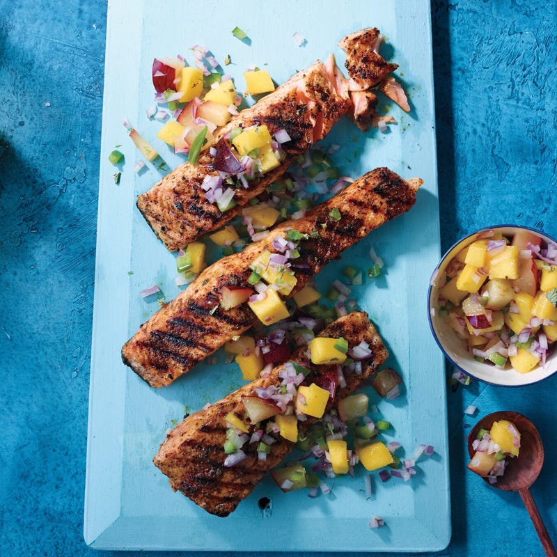 Chile-rubbed salmon with fruit salsa