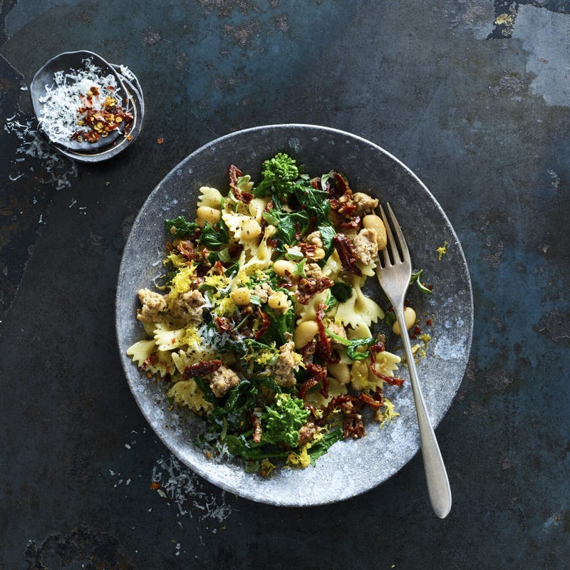 Farfalle with sausage, broccoli rabe, and white beans
