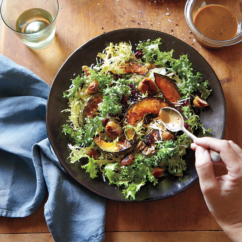 Roasted pumpkin and chestnut salad with orange-cranberry vinaigrette