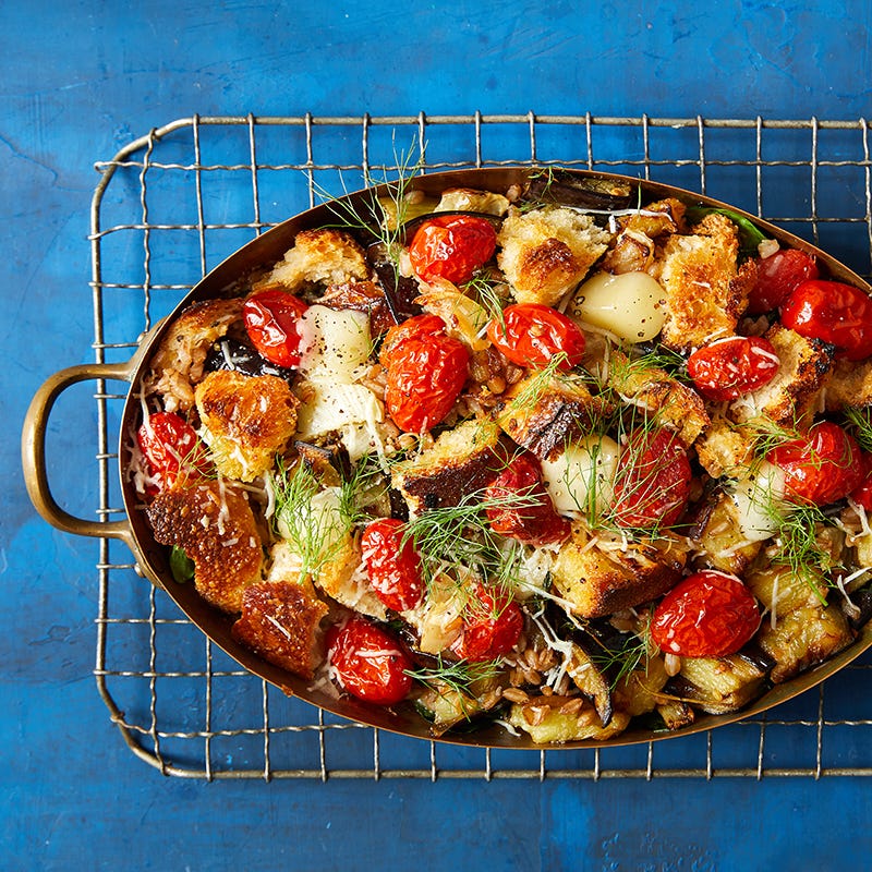 Eggplant, Fennel, Tomato, Farro and Fontina Casserole