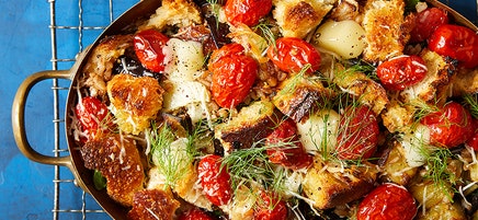 Eggplant, fennel, tomato, farro, and fontina casserole