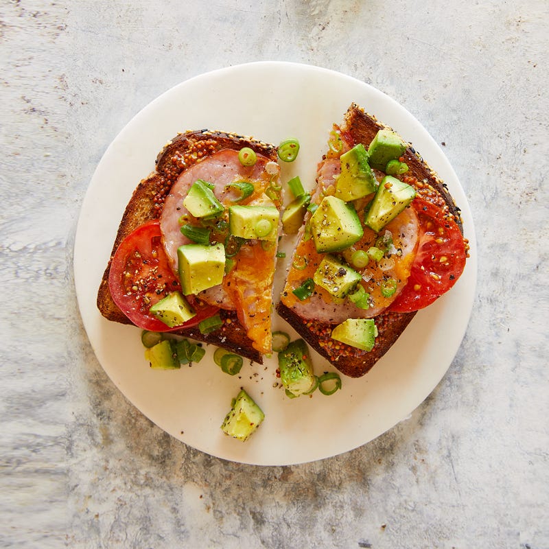 Photo of Canadian bacon, tomato, cheese and avocado toast by WW