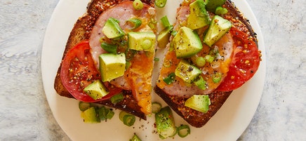 Canadian bacon, tomato, cheese and avocado toast