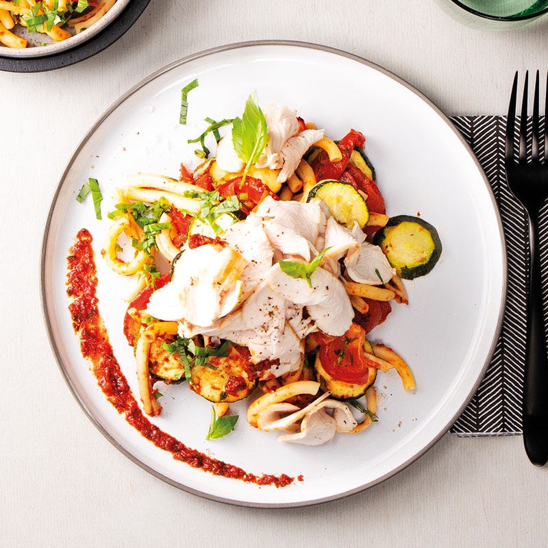 Mediterraner Nudelsalat mit Putenstreifen und Tomatenpesto