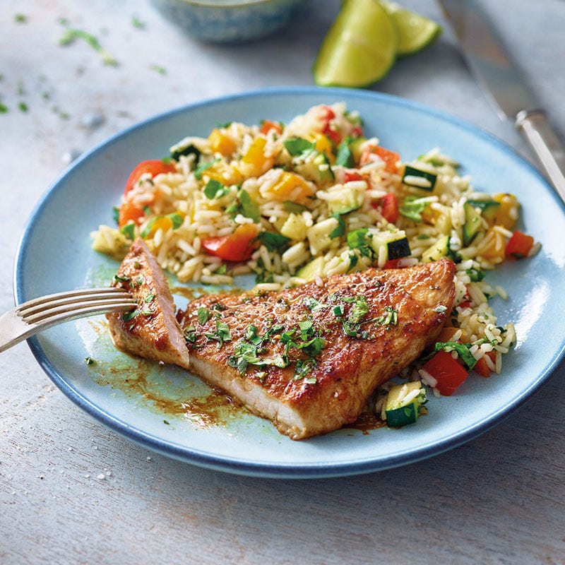 Limetten-Kräuter-Schnitzel mit Gemüsereis