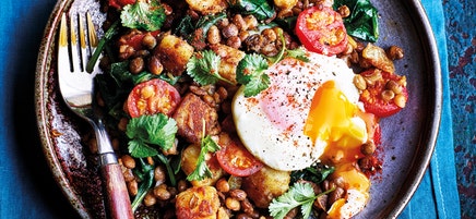 Lentil hash with poached eggs