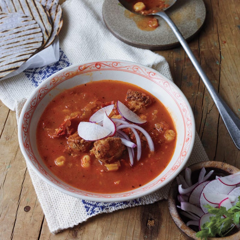 Red chile stew with chicken and hominy