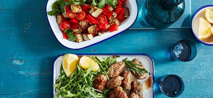 Turkey koftas with roasted vegetable salad