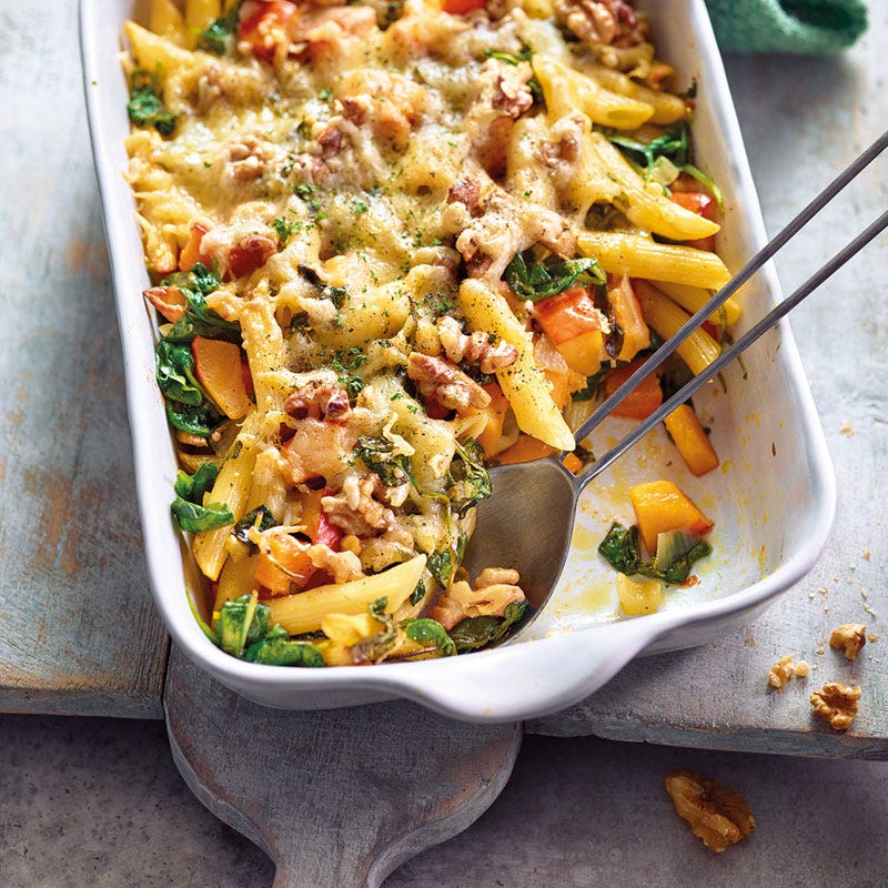 Kürbis-Nudel-Gratin mit Spinat