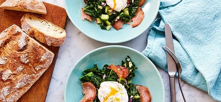 Kale, pancetta and poached eggs