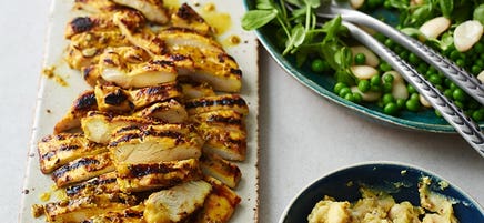 Golden chicken with butter bean hummus