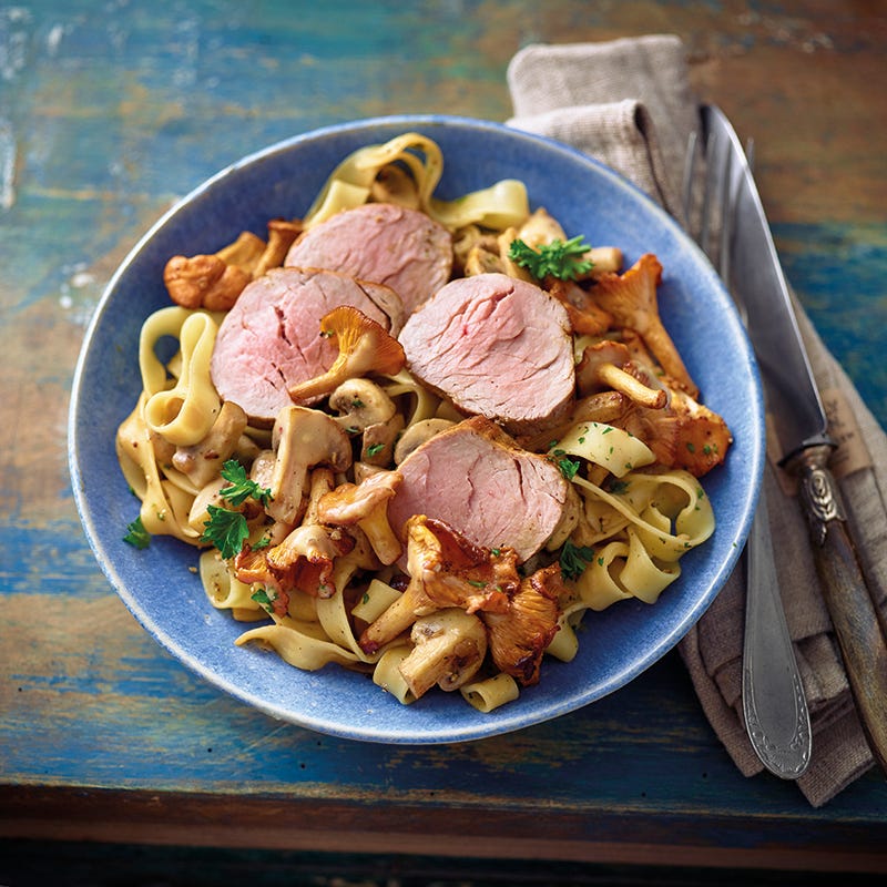 Tagliatelle in champignonsaus met varkenshaas