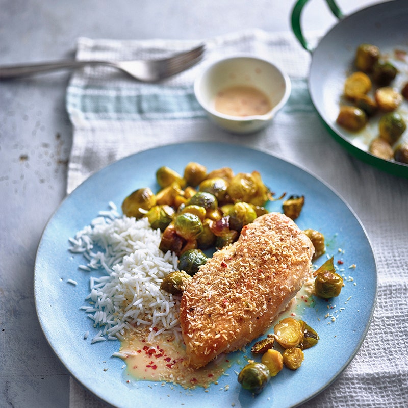Kokoskip met gebakken spruitjes