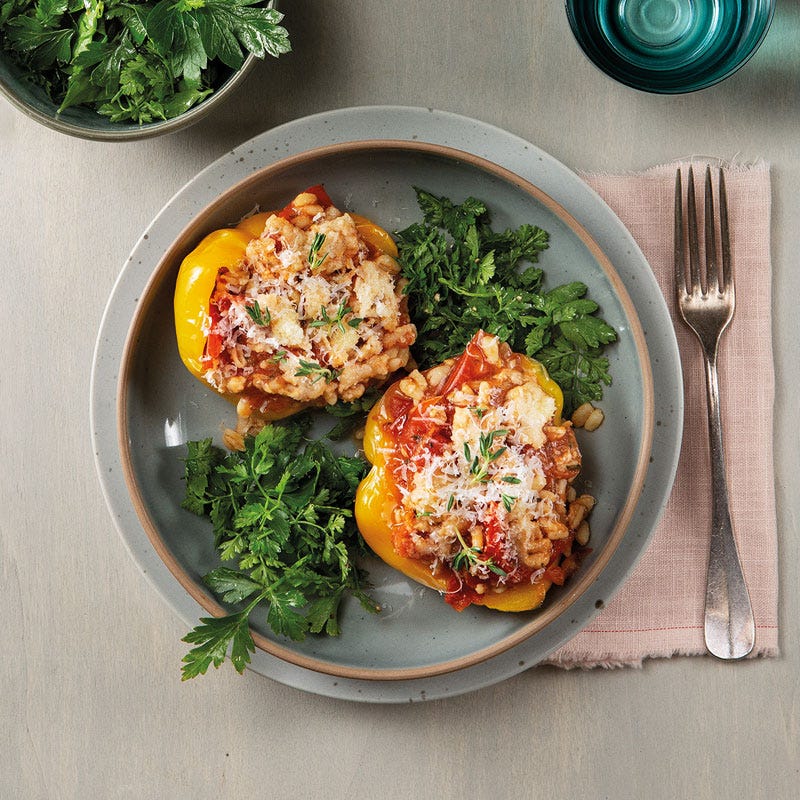Gelbe Röstpaprika mit Harissa und Tomaten-Zartweizen