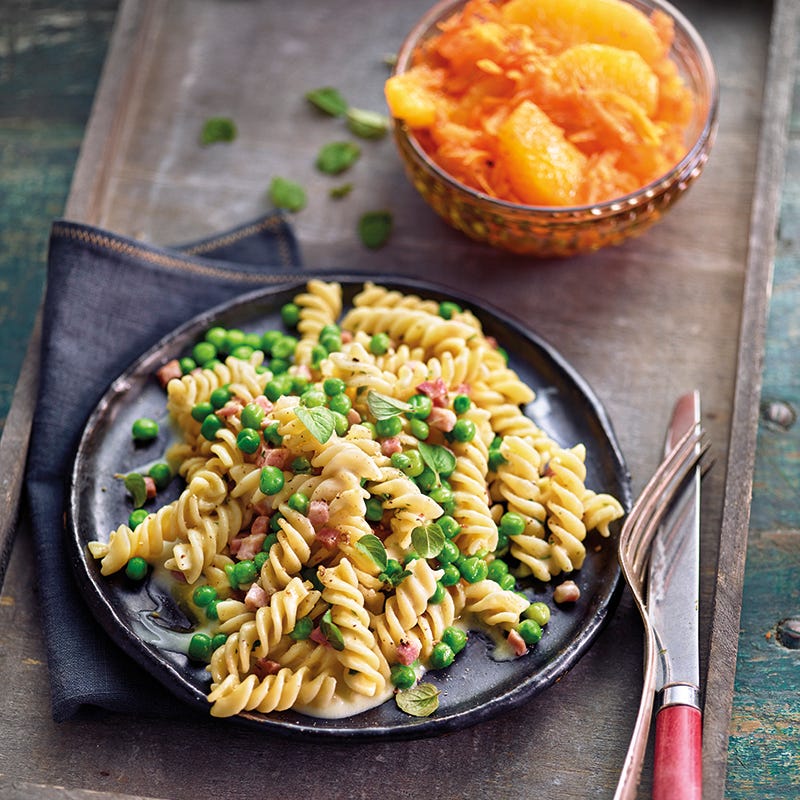 Fusili met ham en erwten