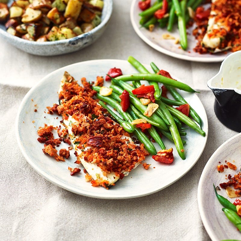 Baked fish with chorizo crumb