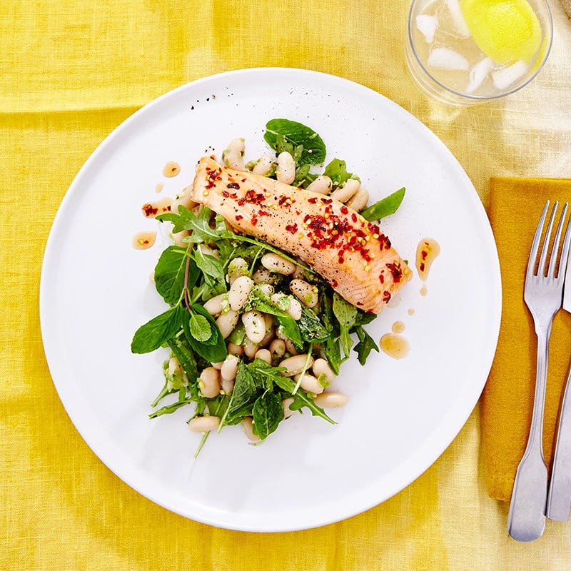 Honey roast salmon with bean salad