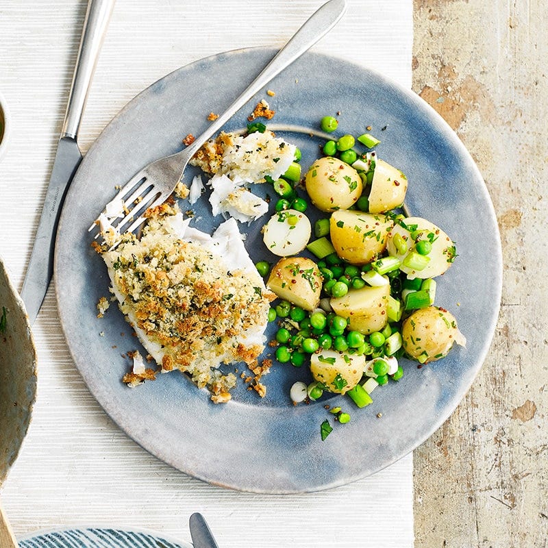 Crumbed fish with warm potato salad