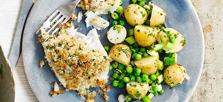 Crumbed fish with warm potato salad
