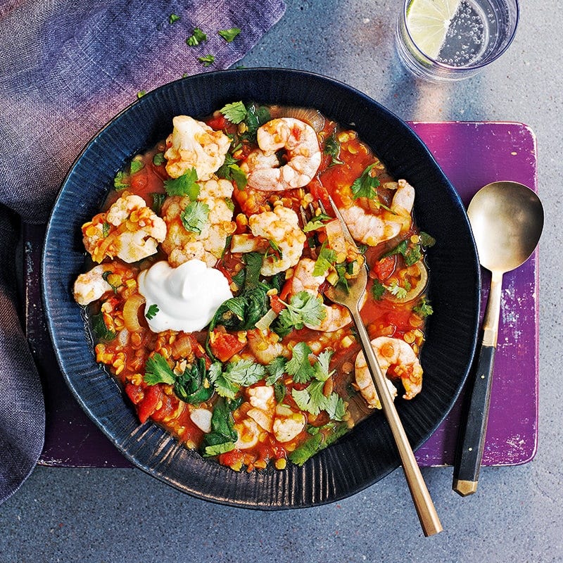 Prawn, red lentil and cauliflower curry