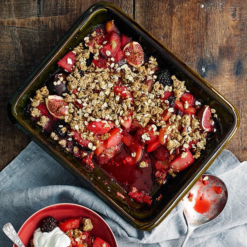 Fruit crumble with poached fruit
