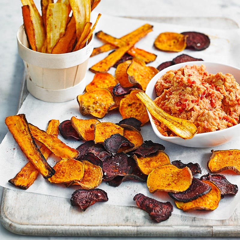 Root veg chips with hummus