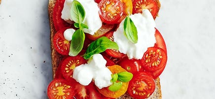 Cottage cheese, tomato and basil toast topper