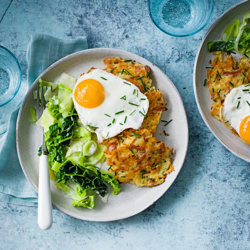 Photo of Potato & bacon fritters with fried eggs & greens by WW