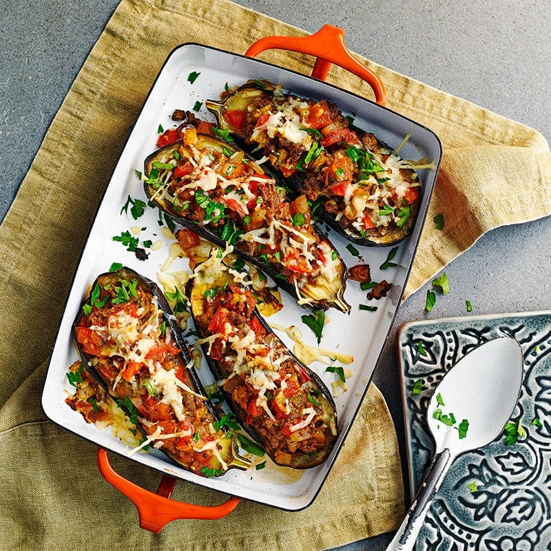 Moroccan beef-stuffed eggplants
