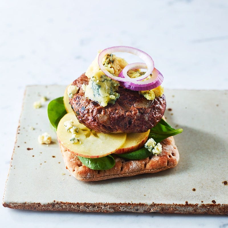 Open blue cheese burger