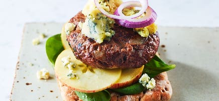 Open blue cheese burger