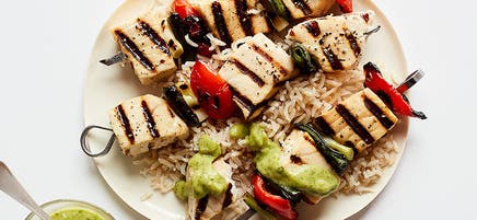Swordfish & Veggie Skewers with Creamy Avocado Sauce