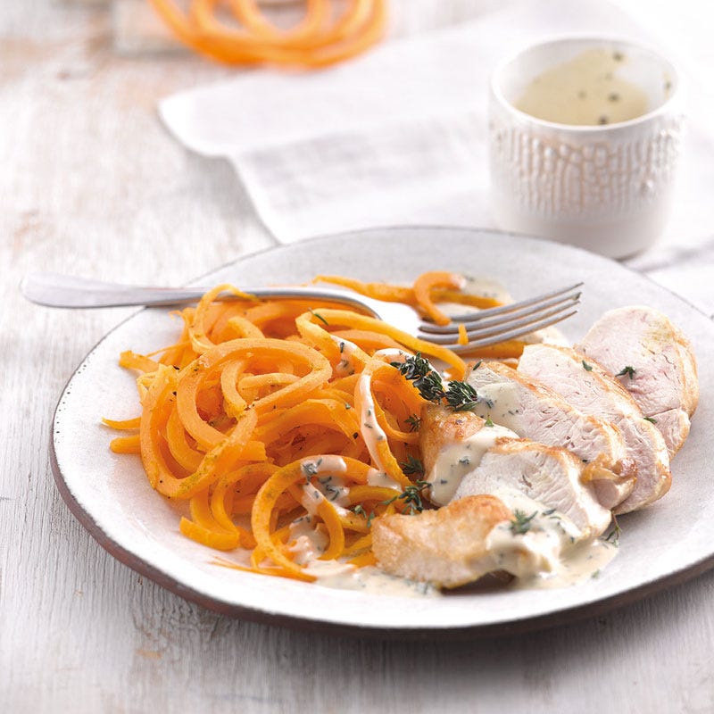 Gebackene Kürbisspiralen mit Hähnchenbrust und Thymiansauce