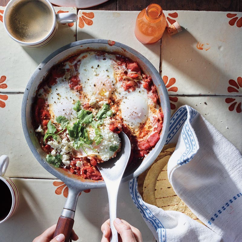 Poached eggs in tomato- jalapeño sauce