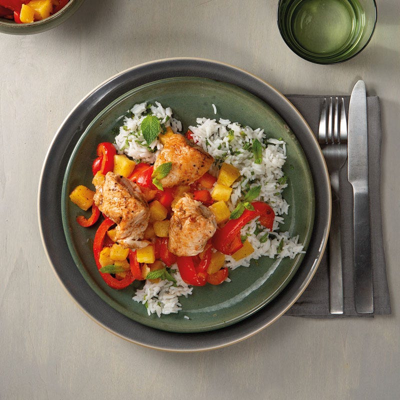 Fruchtige BBQ-Pute mit Minzreis